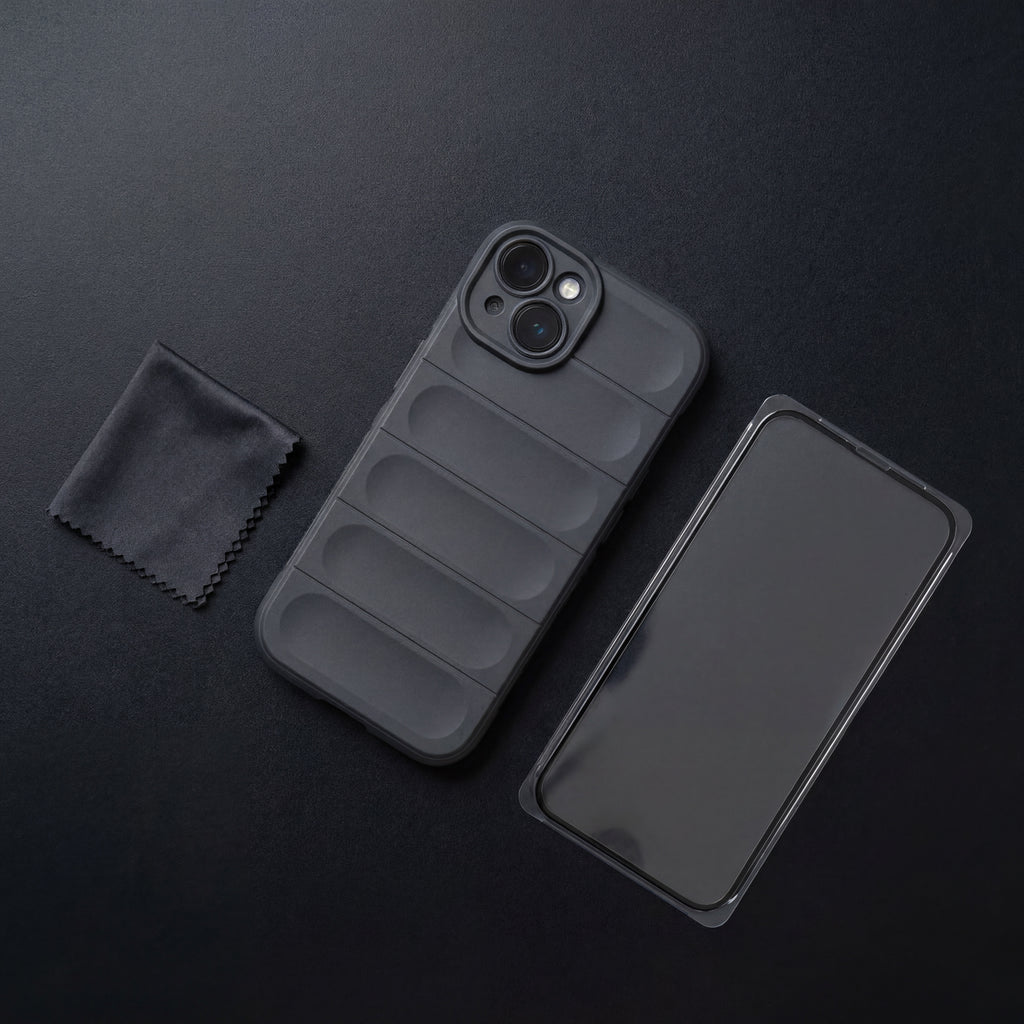 OnlyCovers LB iPhone case in Gray - bundle flat-lay with screen protector