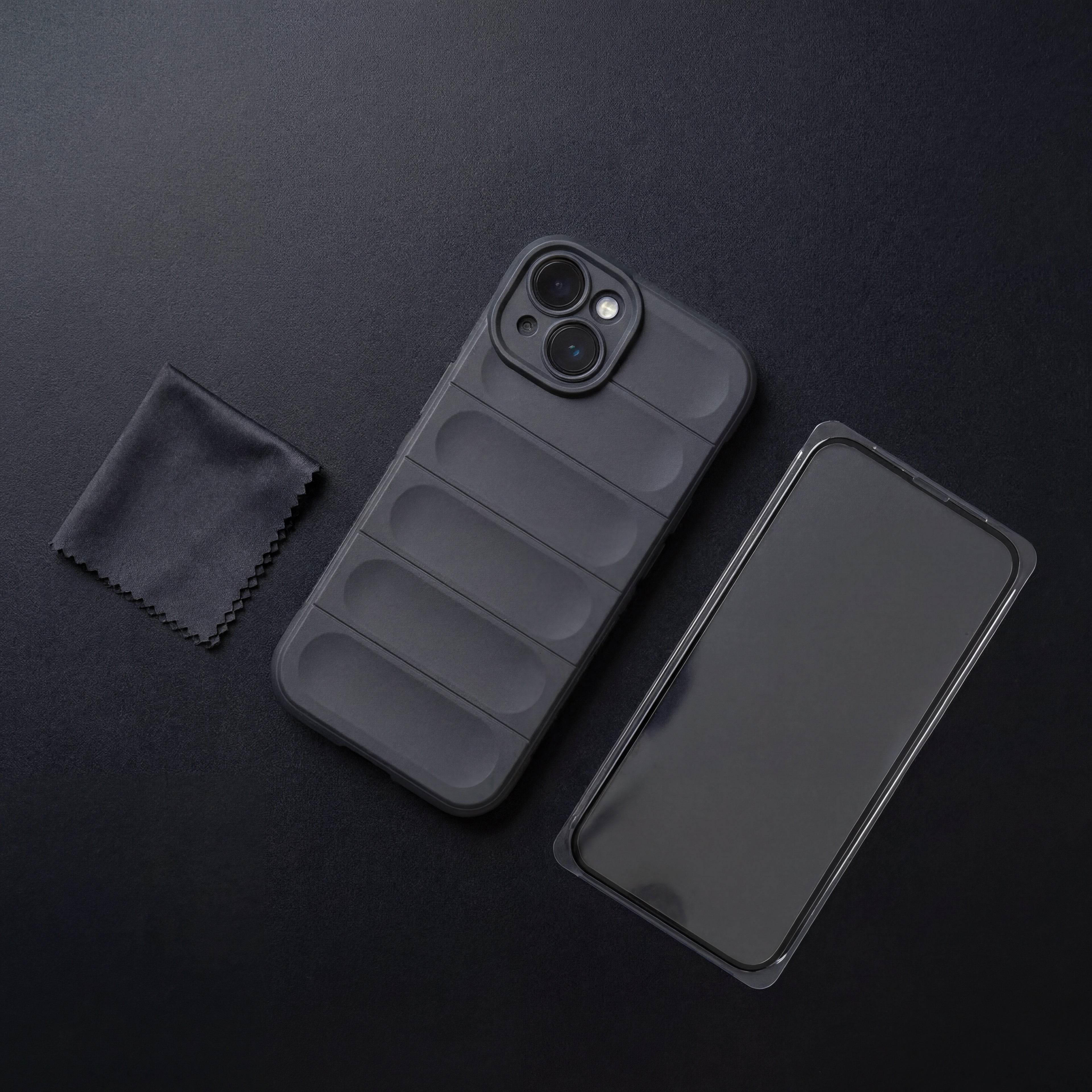OnlyCovers LB iPhone case in Gray - bundle flat-lay with screen protector